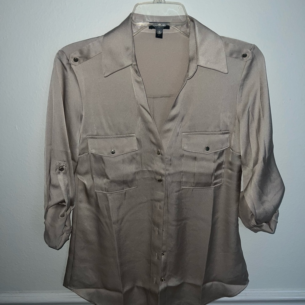 Express Beige/Light Tan Satin Button Up